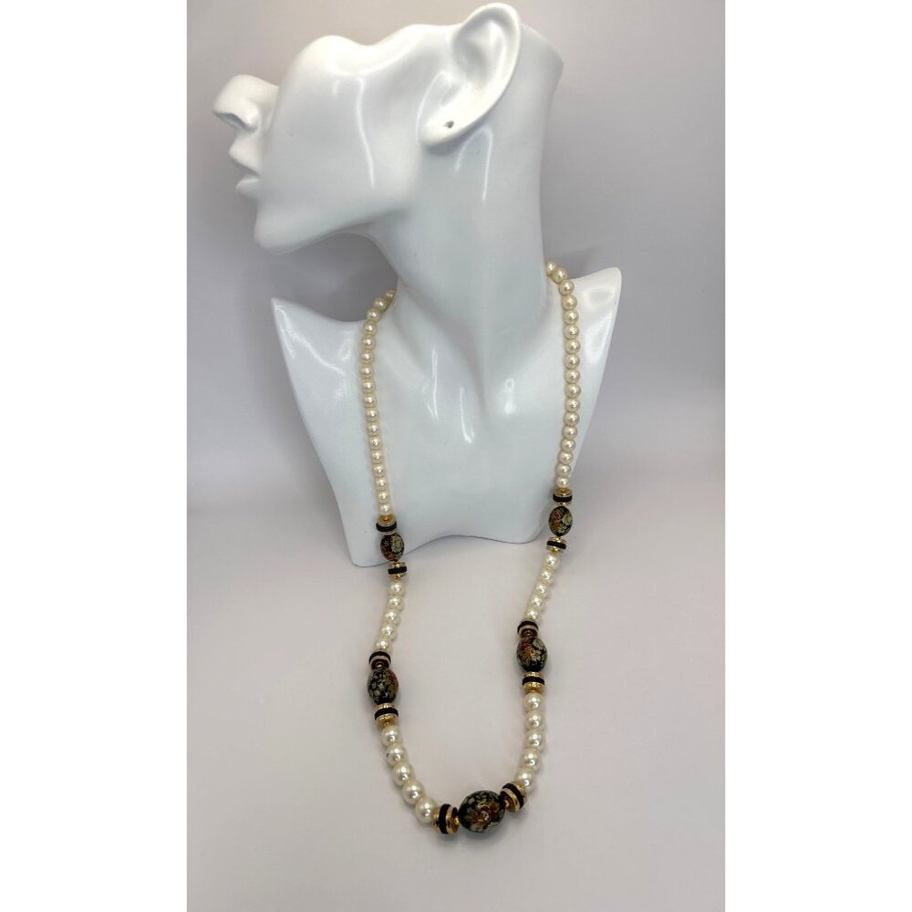 Vintage Japanese Cloisonné Faux Pearl Necklace Black Floral Beads Signed Japan